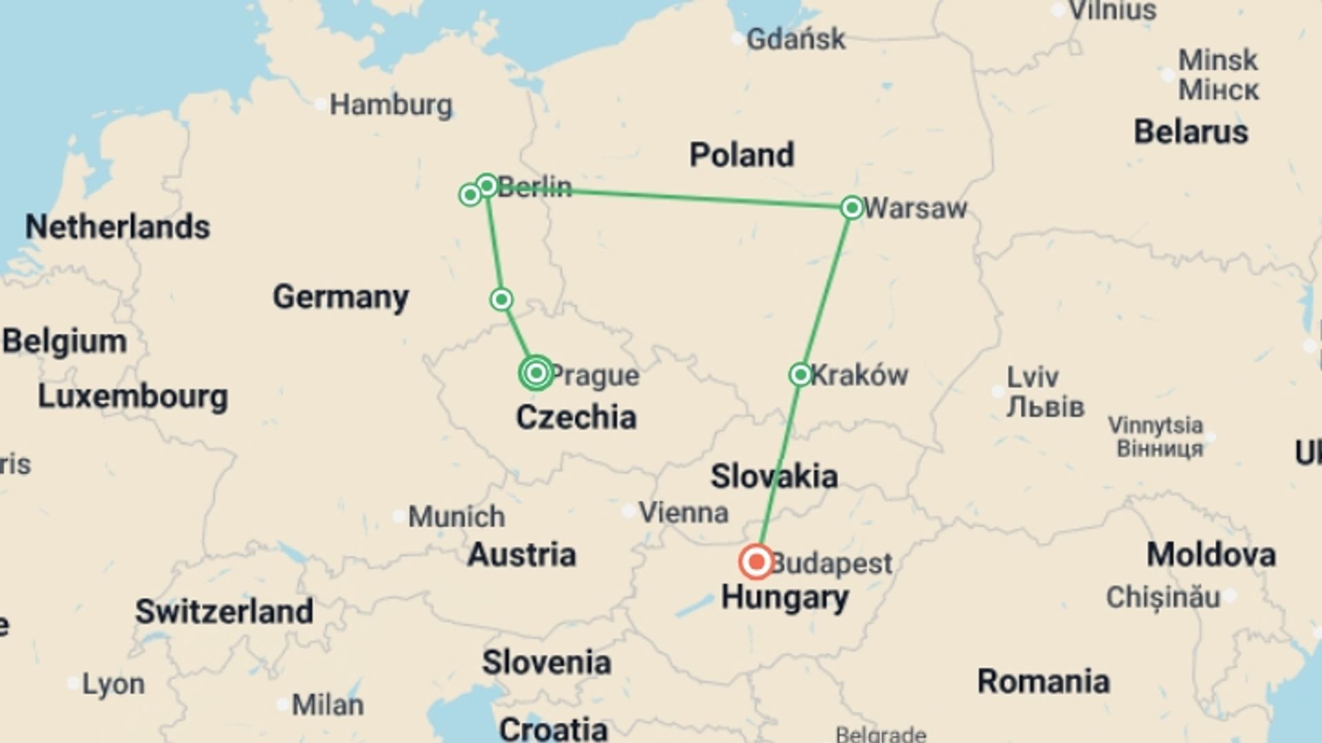 A map showing the tour itinerary for the trip: Eastern Europe Explorer, starting in Prague, Czech Republic and ending in Budapest, Hungary going through 3 other destinations.
