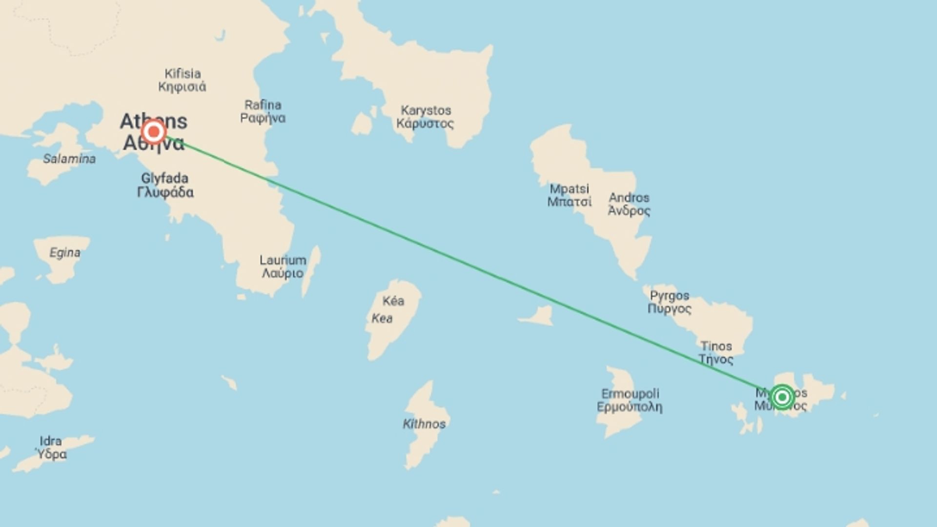 A map showing the tour itinerary for the trip: Mykonos Experience 4D/3N, starting in Mykonos, Greece and ending in Athens, Greece going through 0 other destinations.
