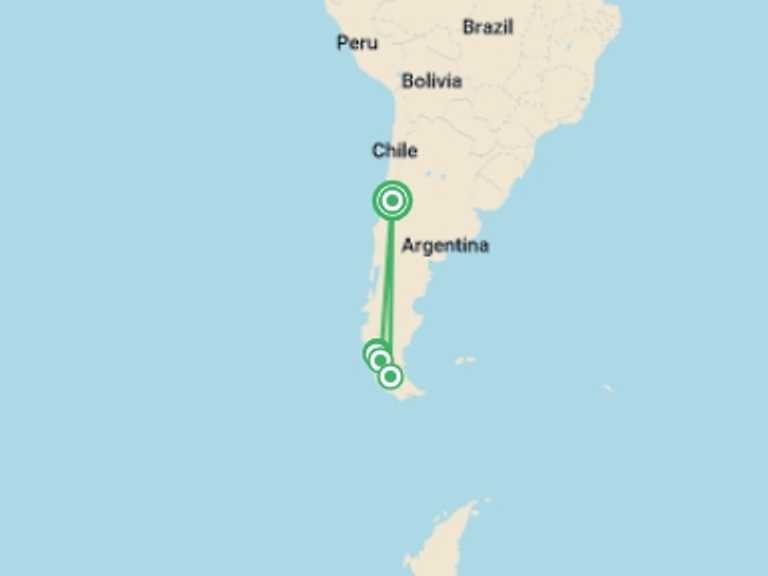 Map itinerary of Chile Tour in March 2026 with 7 destination visits for the trip: Epic Patagonia - Torres del Paine - 'W' route
