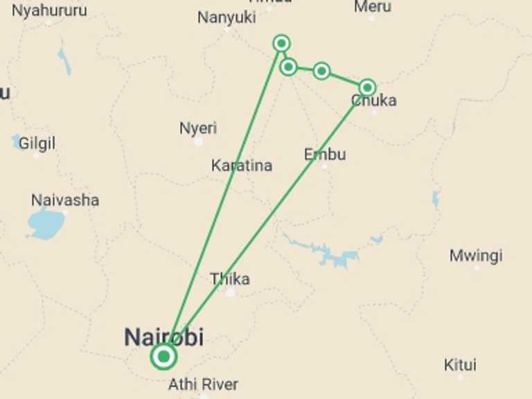 Map itinerary of Kenya Tour in Winter with 6 destination visits for the trip: 5-day Mount Kenya trek