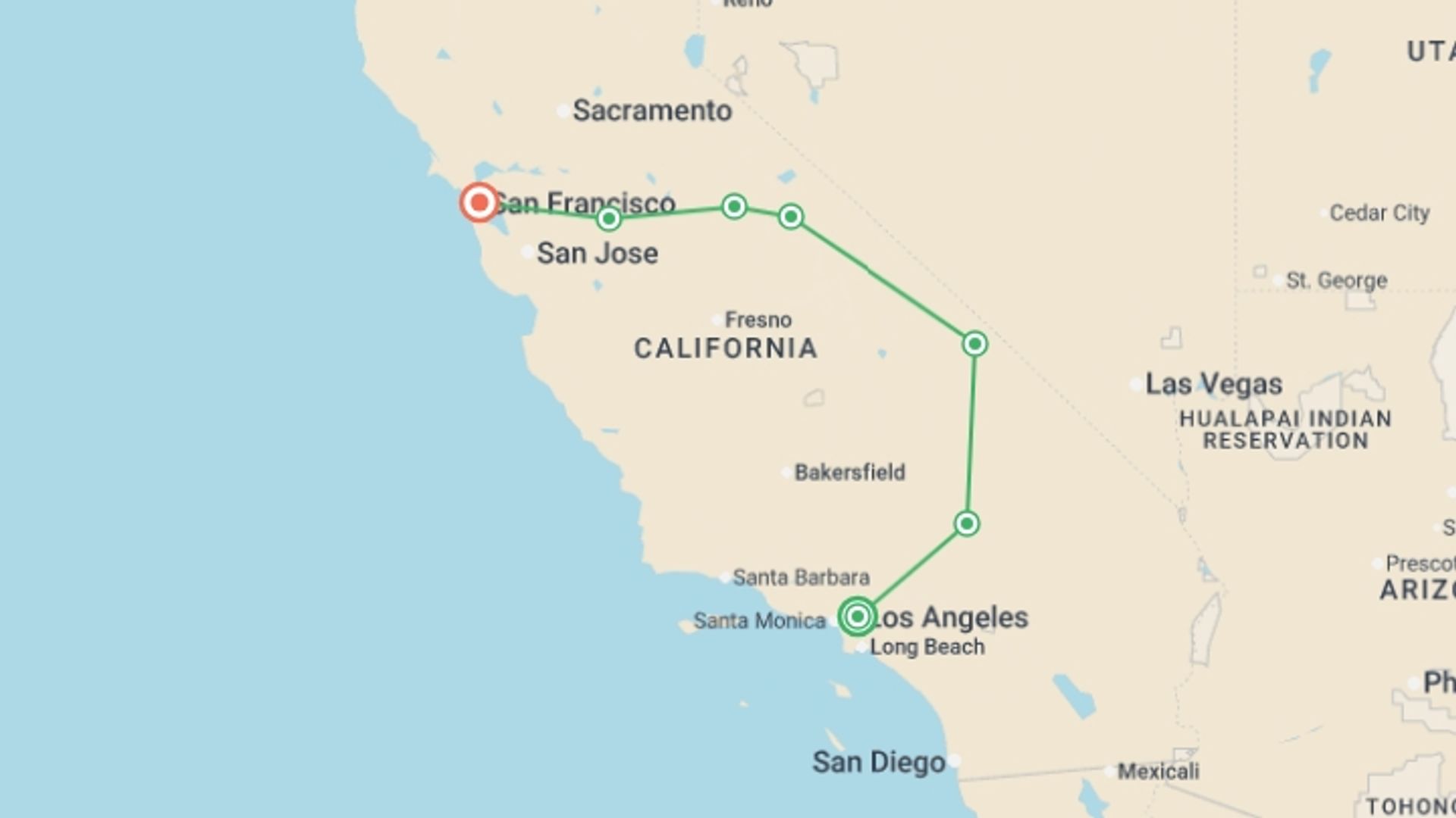 A map showing the tour itinerary for the trip: California Dreaming with Las Vegas, starting in Los Angeles, USA and ending in San Francisco, USA going through 4 other destinations.