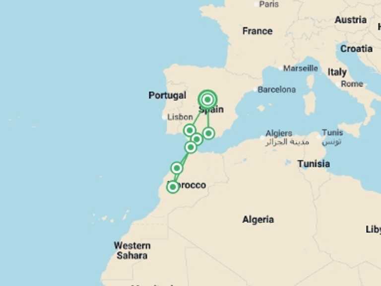 Map of Europe Tour with 7 destination visits for the trip: Southern Spain & Morocco - 10 days