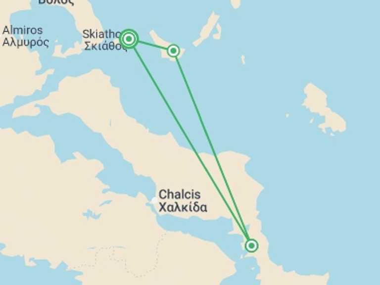 Map itinerary of Greece Tour in August 2026 with 4 destination visits for the trip: Sail Greece: Skiathos, Skopelos & Alonnisos