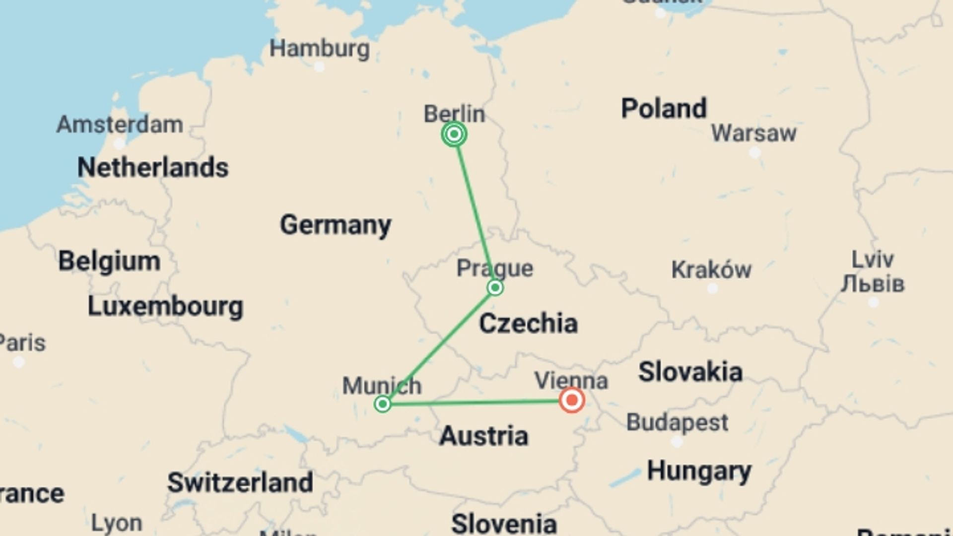 A map showing the tour itinerary for the trip: Epic Europe : Berlin to Vienna (4 Star Hotels), starting in Berlin, Germany and ending in Vienna, Austria going through 2 other destinations.