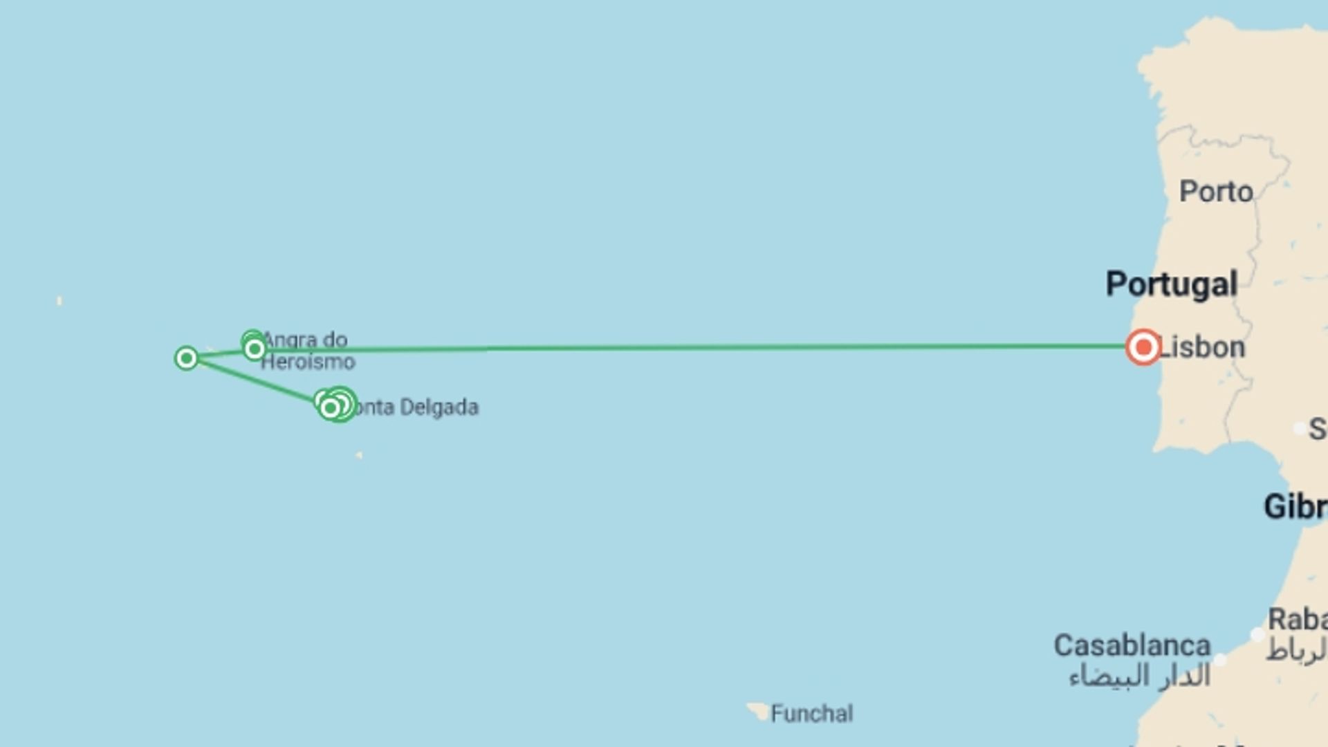 A map showing the tour itinerary for the trip: The Azores Jewels of Portugal, starting in Sao Miguel, Portugal and ending in Lisbon, Portugal going through 6 other destinations.