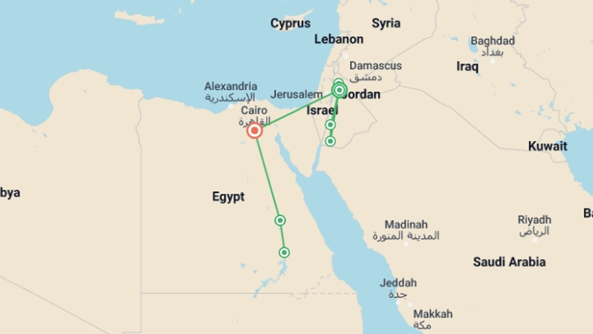 A map showing the tour itinerary for the trip: Jordan & Egypt Express, starting in Amman, Jordan and ending in Cairo, Egypt going through 4 other destinations.