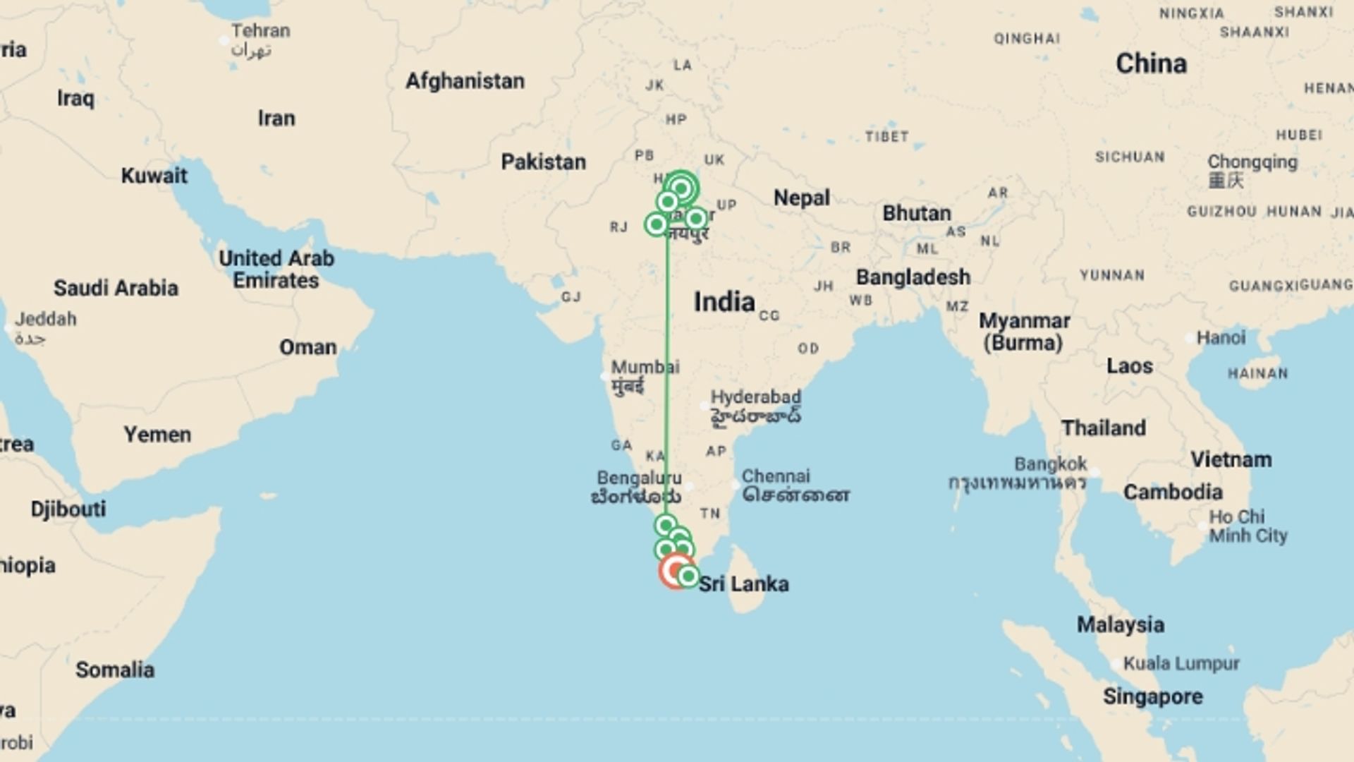 A map showing the tour itinerary for the trip: India's North & South - Premium Adventure, starting in New Delhi, India and ending in Kovalam, India going through 9 other destinations.