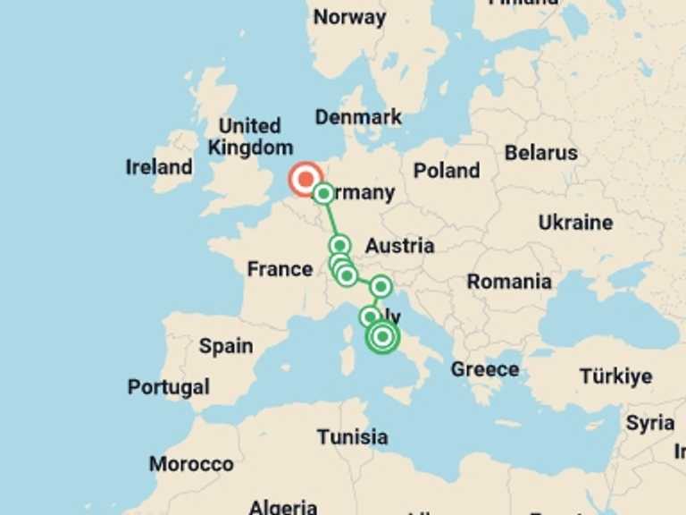 Map itinerary of Europe Tour in July 2026 with 5 destination visits for the trip: Rome to Amsterdam