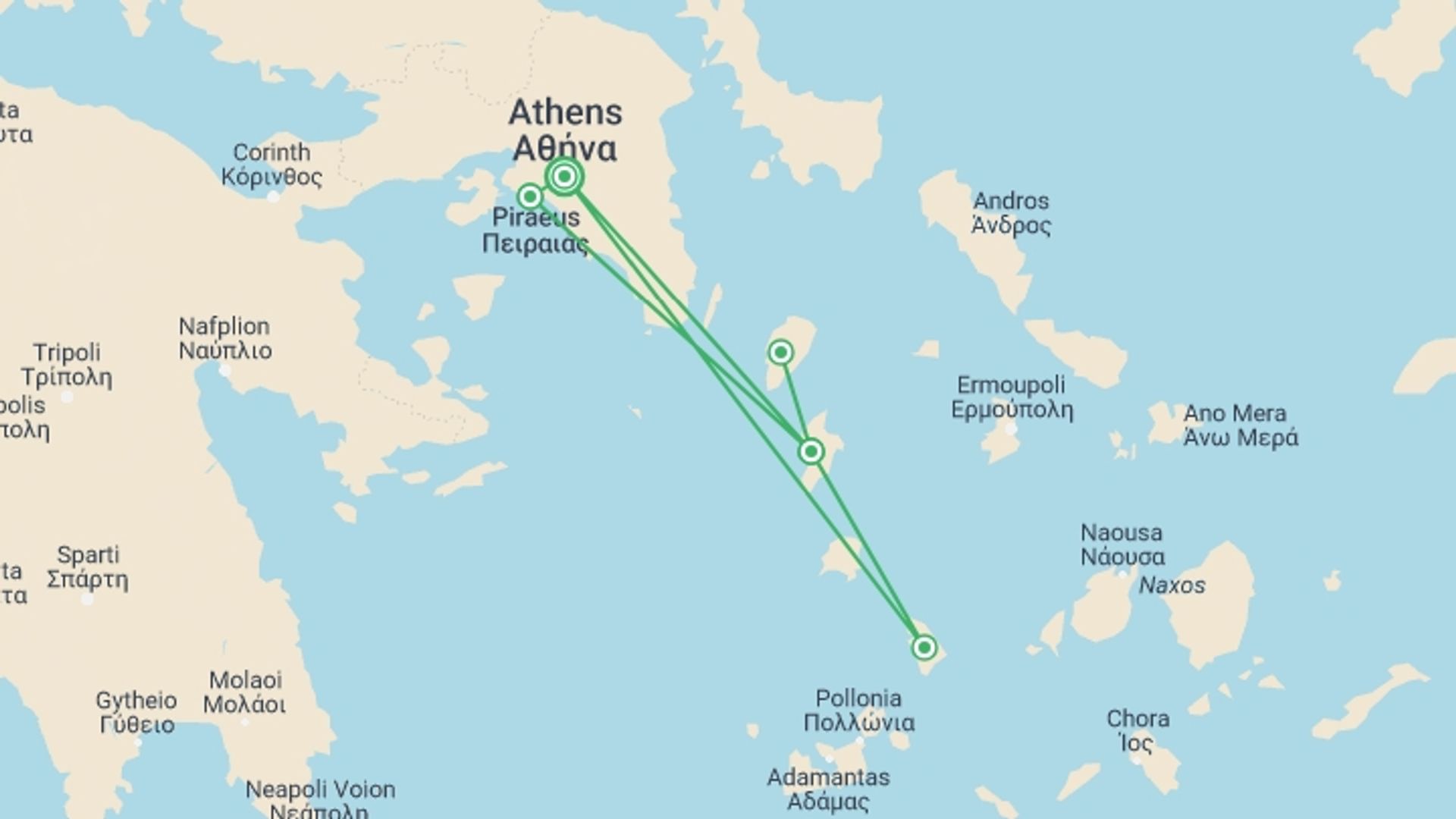 A map showing the tour itinerary for the trip: Greek Islands Bike & Boat, starting in Athens, Greece and ending in Athens, Greece going through 4 other destinations.