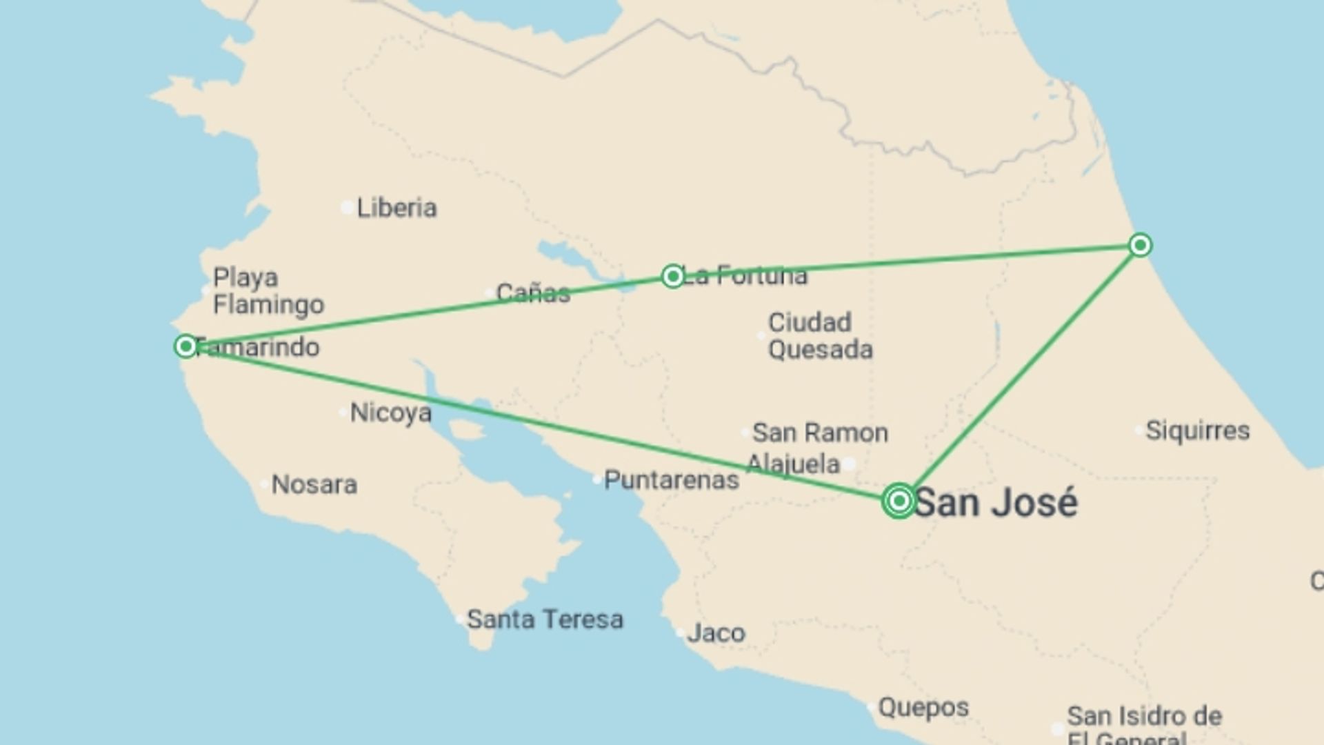 A map showing the tour itinerary for the trip: Captivating Costa Rica - 9 days, starting in San Jose, Costa Rica and ending in San Jose, Costa Rica going through 3 other destinations.
