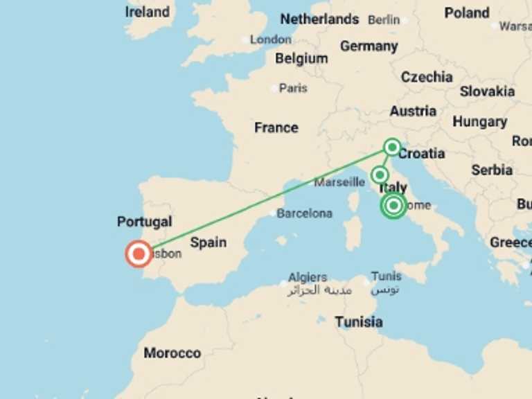 Map itinerary of Mediterranean Tour in July 2026 with 4 destination visits for the trip: Jewels of Italy and Lisbon