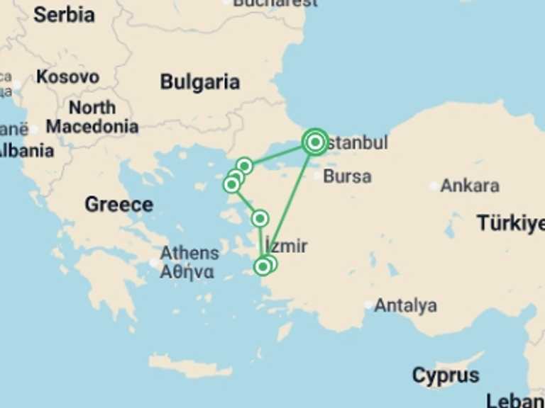 Map of Turkey Tour with 3 destination visits for the trip: Istanbul, Gallipoli, Troy, Pergamon, Ephesus & Pamukkale Tour