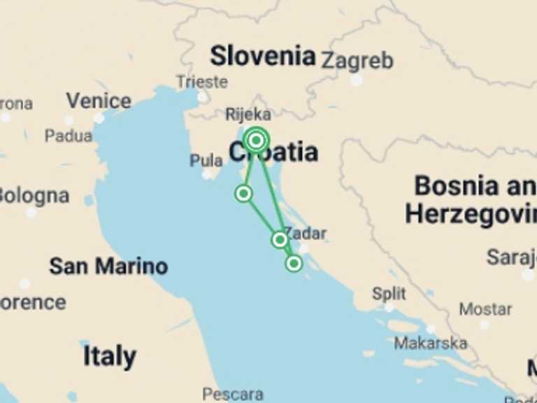 Map of Croatia Sailing, yachting and motor boating Tour with 4 destination visits for the trip: Kvarner Bay Bike & Boat