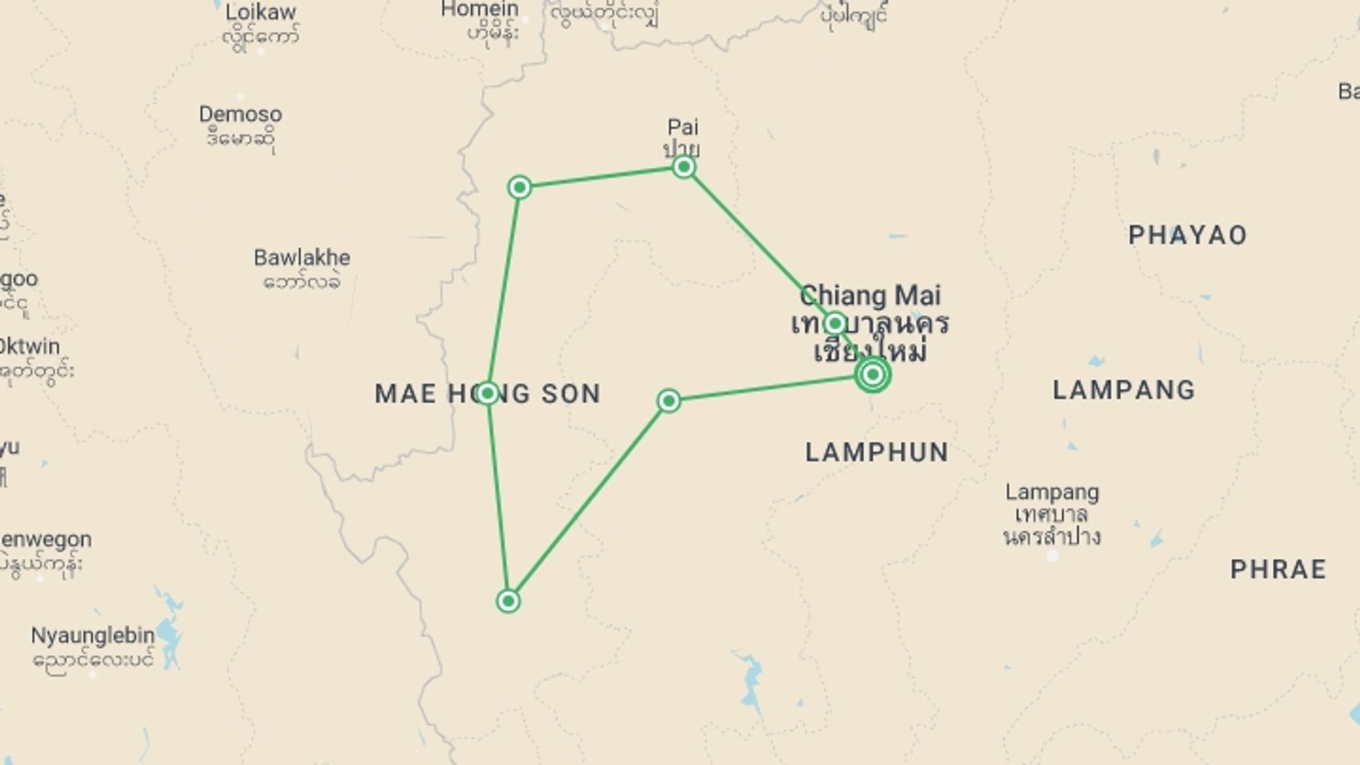 A map showing the tour itinerary for the trip: Mae Hong Son Hills, starting in Chiang Mai, Thailand and ending in Chiang Mai, Thailand going through 6 other destinations.