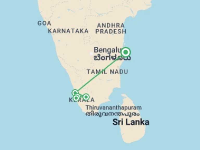 Map itinerary of Chennai Tour in September 2025 with 6 destination visits for the trip: Kerala Discovery 7D/6N