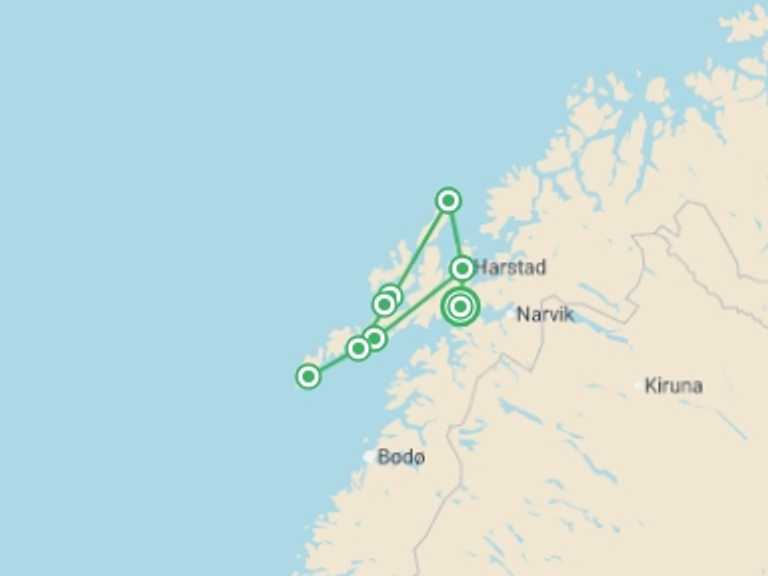 Map of Scandinavia Tour with 7 destination visits for the trip: Lofoten Islands Self Drive - 10 days