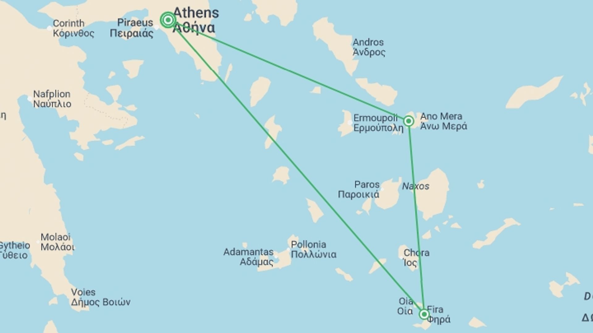 A map showing the tour itinerary for the trip: Picturesque Solo Greece Tour, starting in Athens, Greece and ending in Athens, Greece going through 2 other destinations.