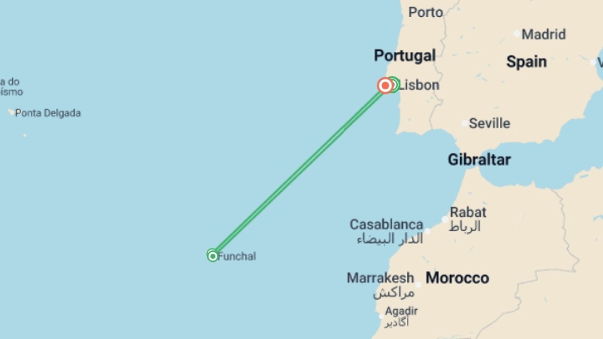 A map showing the tour itinerary for the trip: Sunny Portugal Lisbon, Alentejo, Algarve & Portuguese Riviera, starting in Lisbon, Portugal and ending in Cascais, Portugal going through 2 other destinations.