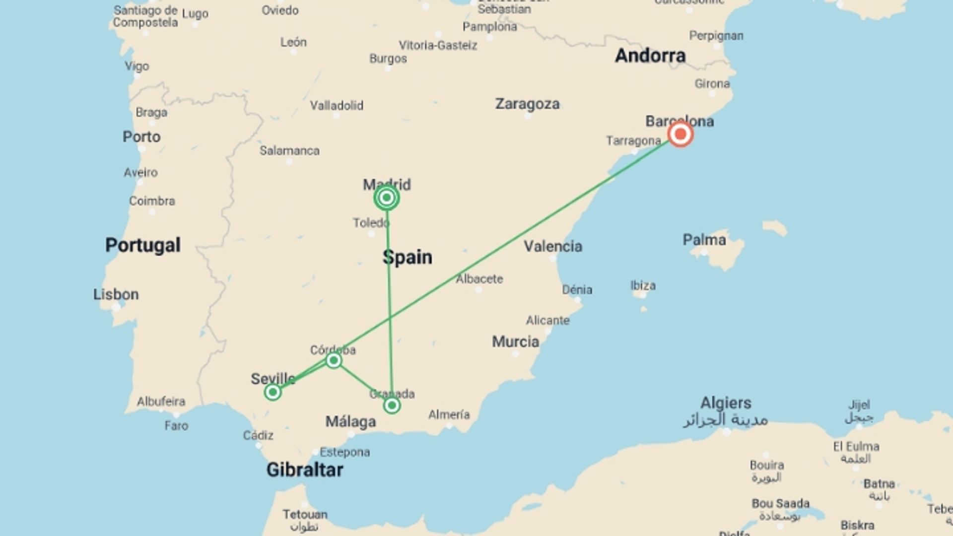 A map showing the tour itinerary for the trip: Best of Southern Spain, starting in Madrid, Spain and ending in Barcelona, Spain going through 2 other destinations.