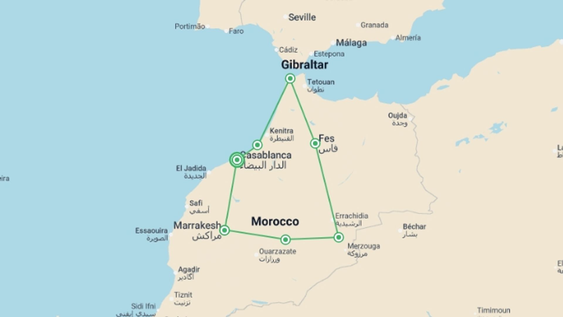 A map showing the tour itinerary for the trip: Morocco from Casablanca to Casablanca, starting in Casablanca, Morocco and ending in Casablanca, Morocco going through 6 other destinations.