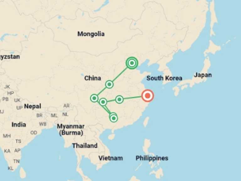 Map of China Tour with 8 destination visits for the trip: 15-Day China Impression Small Group Tour