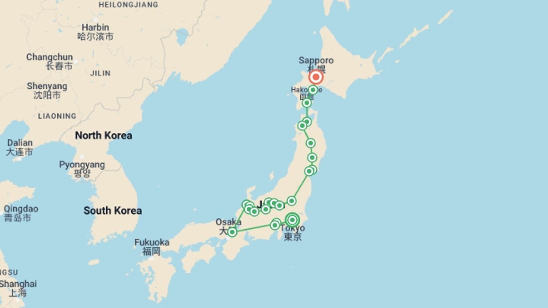 A map showing the tour itinerary for the trip: Journey to the Heart of Japan, Ending in Sapporo, starting in Tokyo, Japan and ending in Sapporo, Japan going through 9 other destinations.