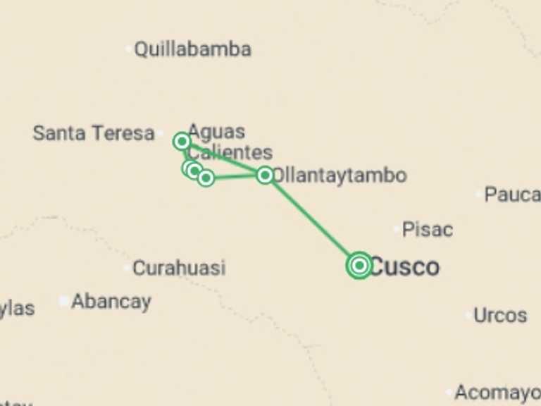 Map of 4-Day Cusco Tour with 5 destination visits for the trip: Inca Trail Trek to Machu Picchu 4D/3N