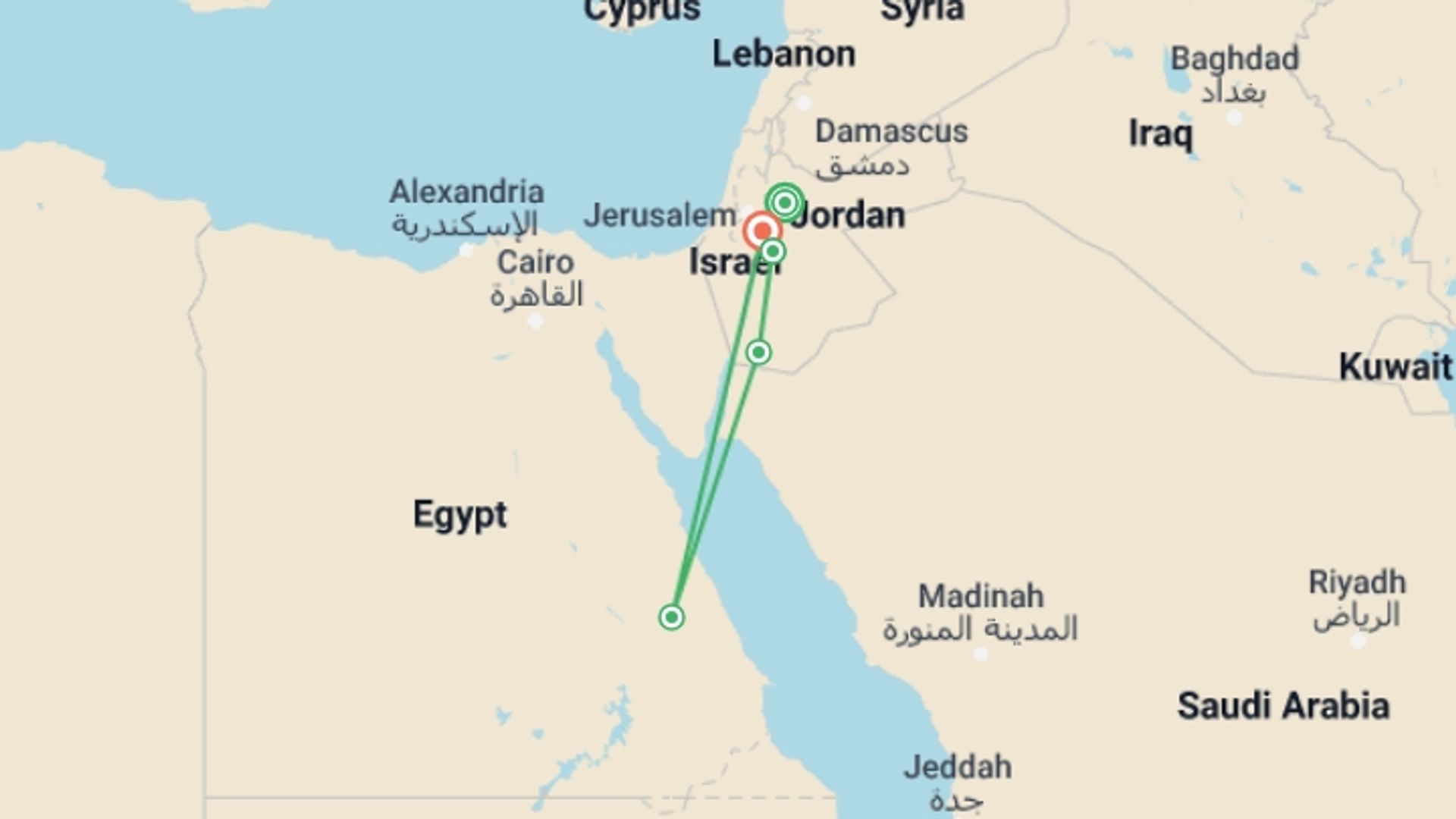 A map showing the tour itinerary for the trip: RCGS: A Week in Jordan with Sarah Legault, starting in Amman, Jordan and ending in Dead Sea, Jordan going through 3 other destinations.
