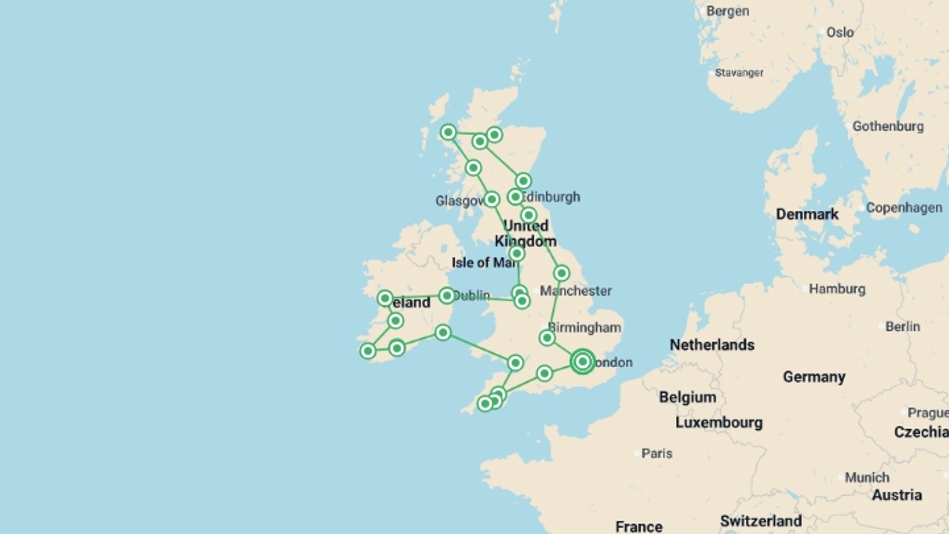 A map showing the tour itinerary for the trip: Britain and Ireland Panorama, starting in London, England and ending in London, England going through 13 other destinations.