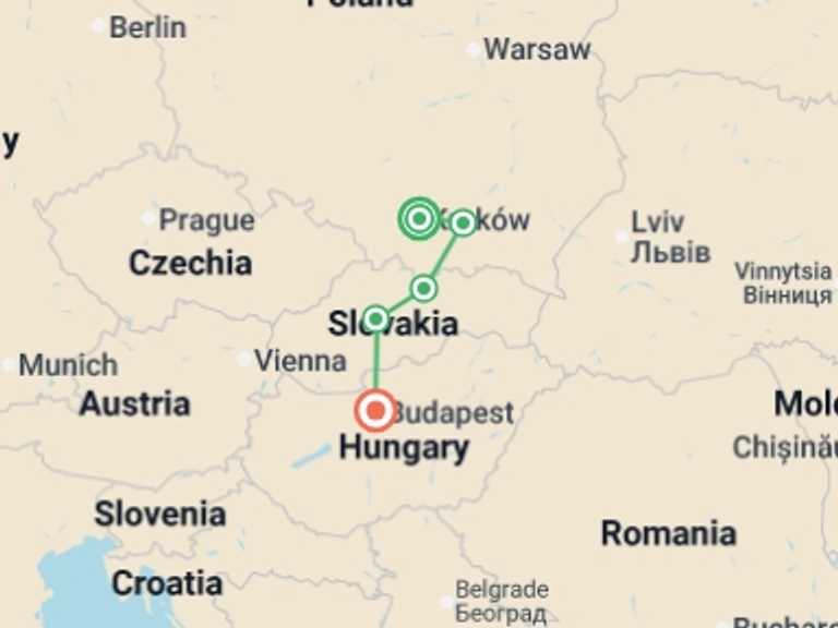 Map of 8-Day Krakow Tour with 5 destination visits for the trip: Krakow to Budapest Adventure