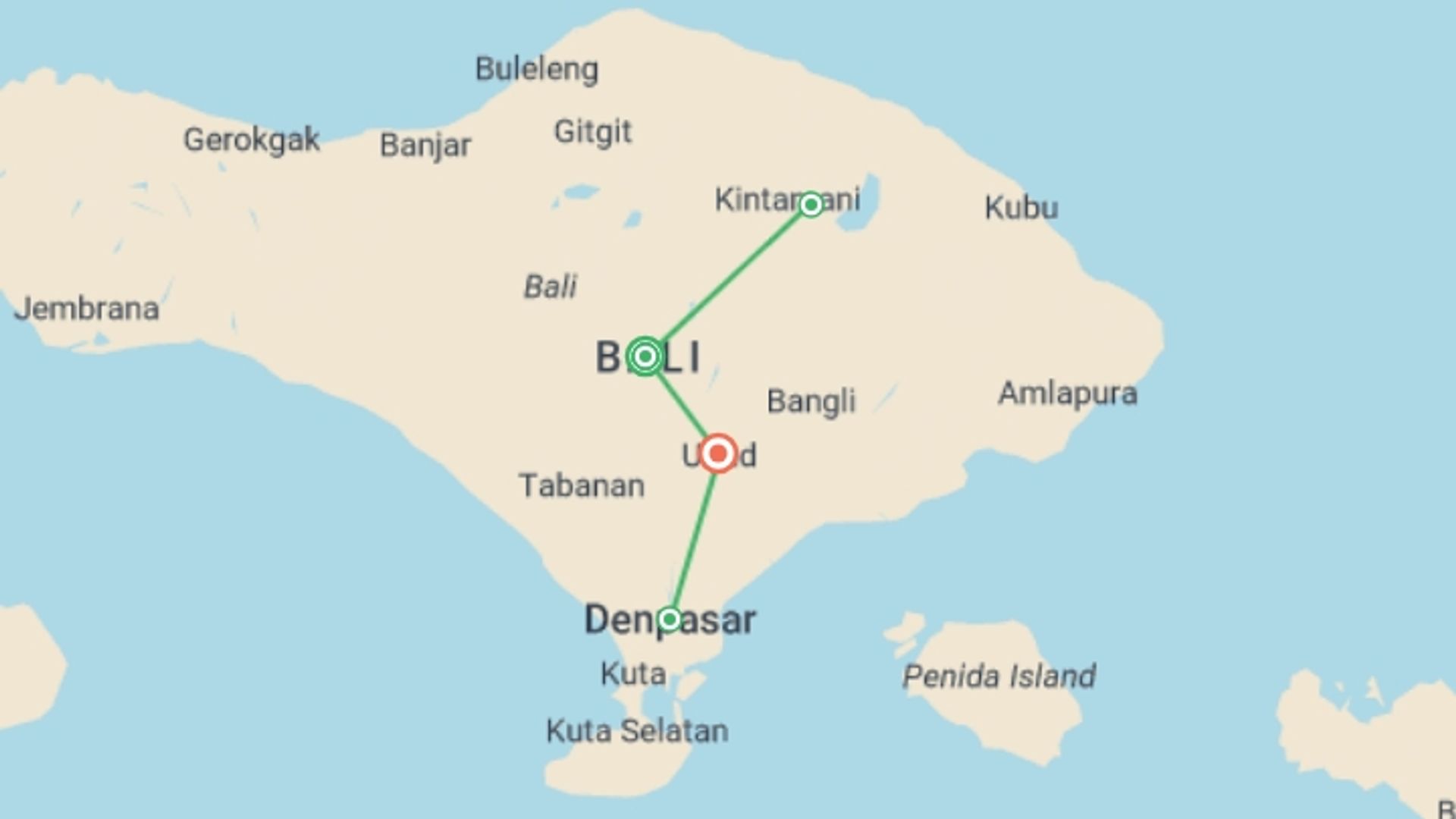 A map showing the tour itinerary for the trip: Picturesque Solo Bali And Ubud Tour, starting in Bali, Indonesia and ending in Ubud, Indonesia going through 2 other destinations.
