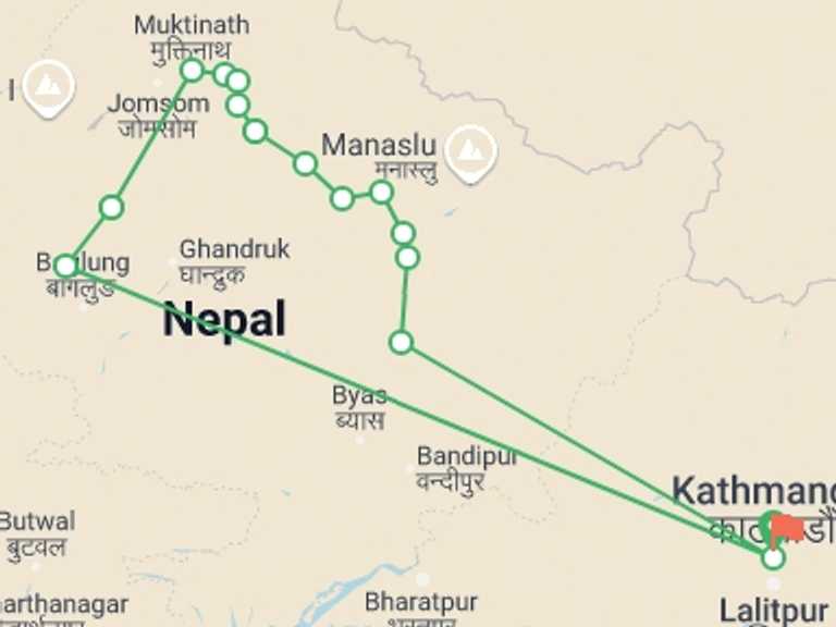 Map of 14-Day Kathmandu Tour with 13 destination visits for the trip: Annapurna Circuit Trek
