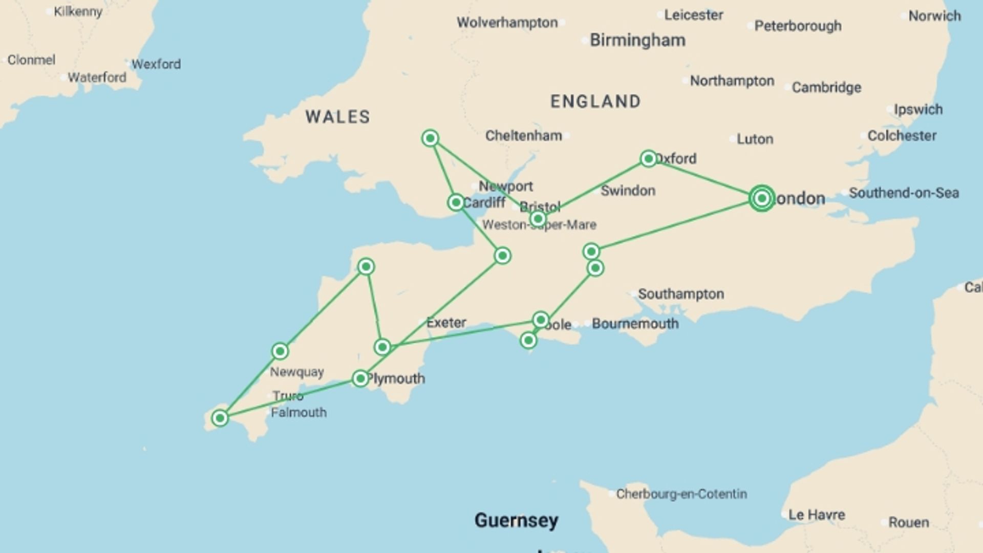 A map showing the tour itinerary for the trip: Country Roads of Wales, Devon & Cornwall, starting in London, England and ending in London, England going through 9 other destinations.