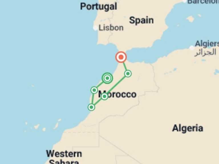 Map itinerary of Mediterranean Tour in July 2026 with 6 destination visits for the trip: Imperial Cities and Moroccan Atlantic Ending Tanger