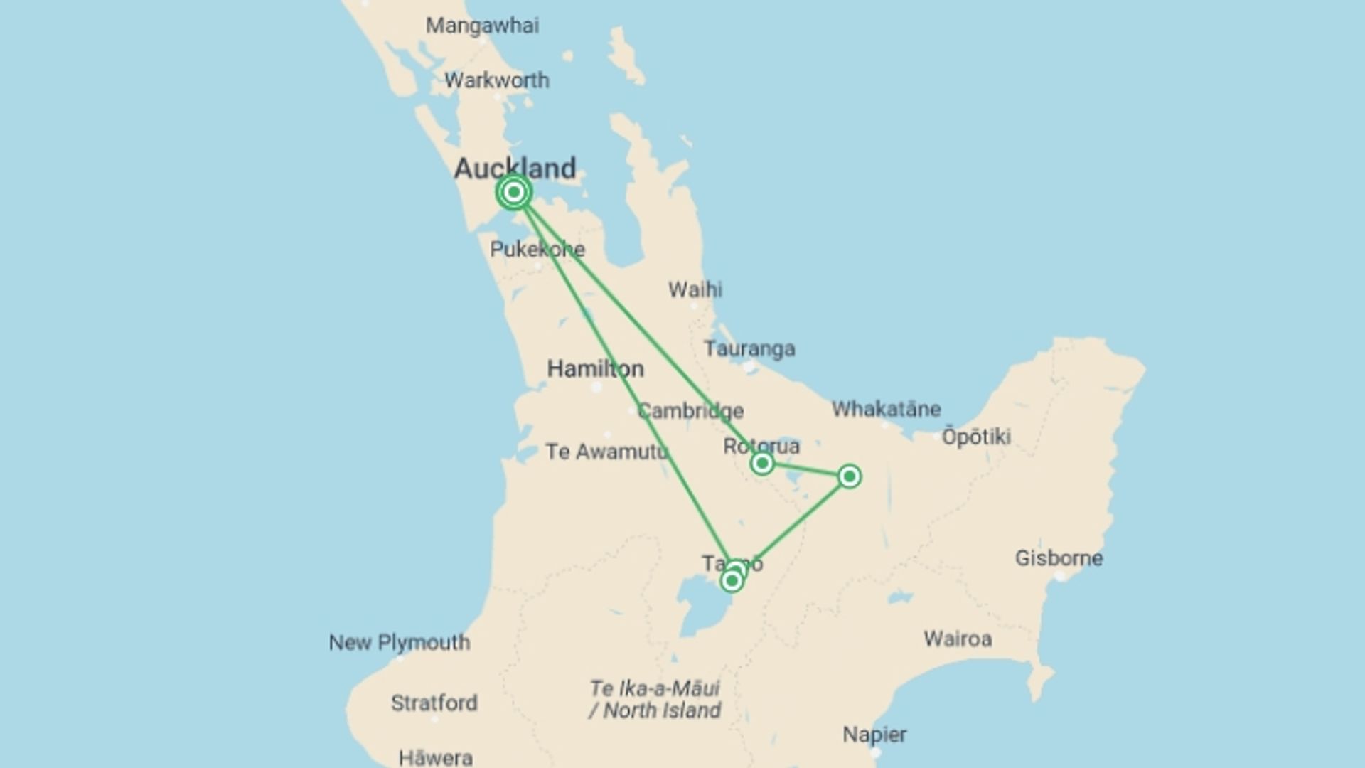 A map showing the tour itinerary for the trip: NZ Adventure North, starting in Auckland, New Zealand and ending in Auckland, New Zealand going through 6 other destinations.