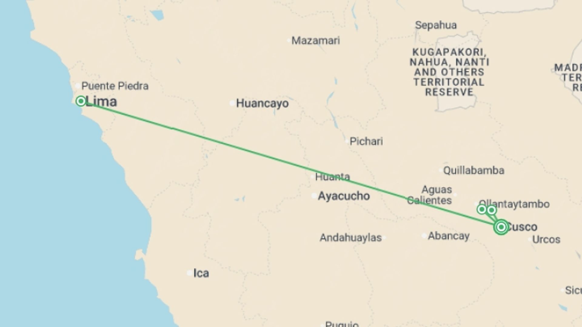 A map showing the tour itinerary for the trip: Peruvian Gastro Tour, starting in Cusco, Peru and ending in Cusco, Peru going through 3 other destinations.