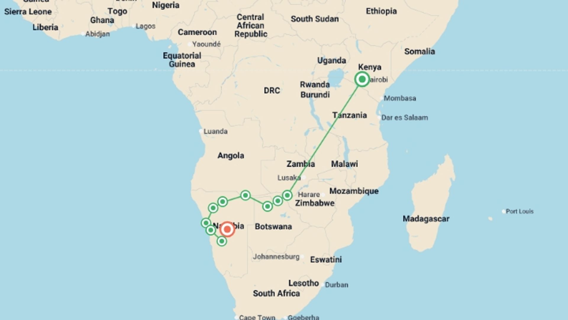 A map showing the tour itinerary for the trip: Deserts & Delta Family Overland, starting in Nairobi, Kenya and ending in Windhoek, Namibia going through 9 other destinations.