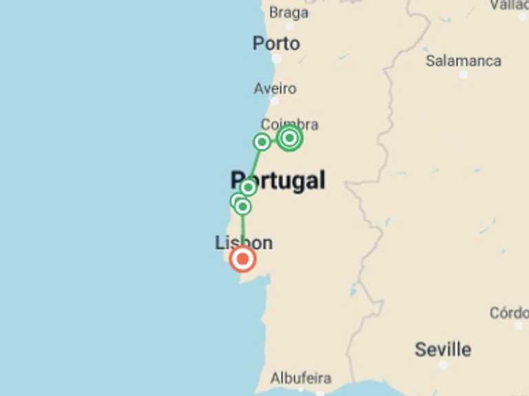 Map itinerary of Lisbon Tour in November 2026 with 6 destination visits for the trip: Coimbra to Lisbon Cycling