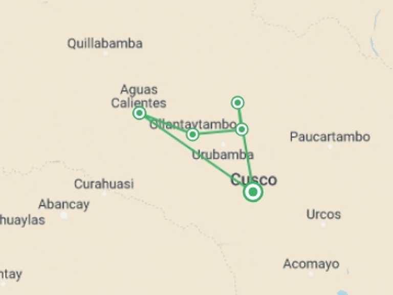 Map of 4-Day Cusco Tour with 6 destination visits for the trip: Lares Trek to Machu Picchu 4 Days