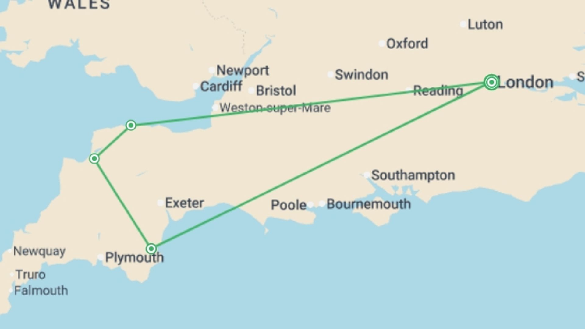 A map showing the tour itinerary for the trip: Best of Devon and Cornwall, starting in London, England and ending in London, England going through 3 other destinations.