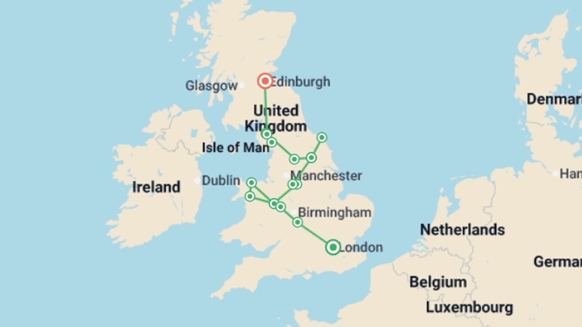A map showing the tour itinerary for the trip: London to Edinburgh - 8 days, starting in London, England and ending in Edinburgh, Scotland going through 3 other destinations.