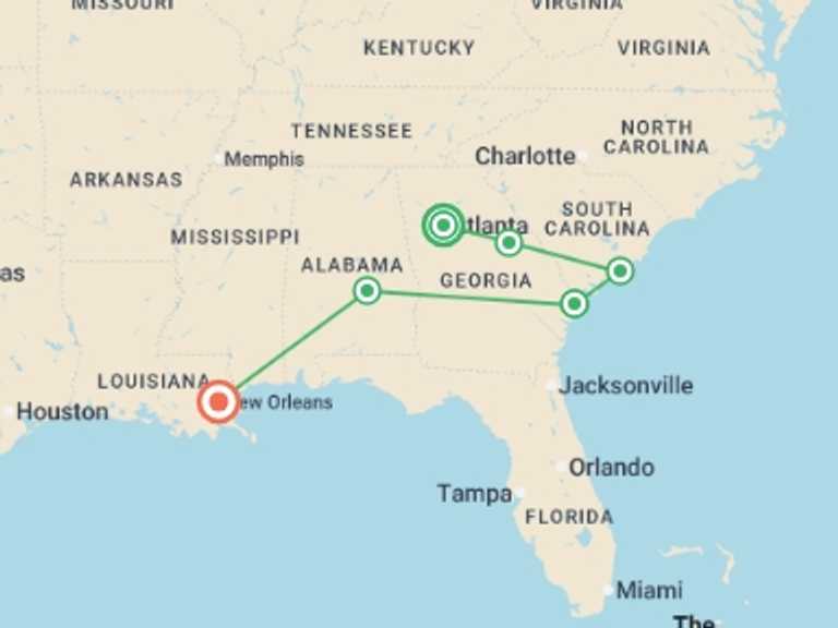 Map of New Orleans Tour with 5 destination visits for the trip: Deep South Atlanta to New Orleans - 9 days