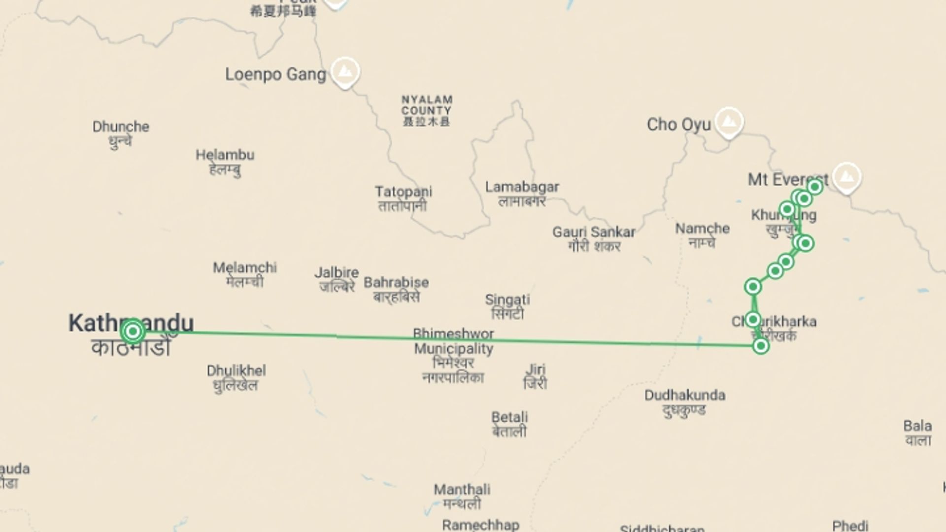 A map showing the tour itinerary for the trip: Everest Base Camp Leisurely Trek (16 Days), starting in Kathmandu, Nepal and ending in Kathmandu, Nepal going through 11 other destinations.