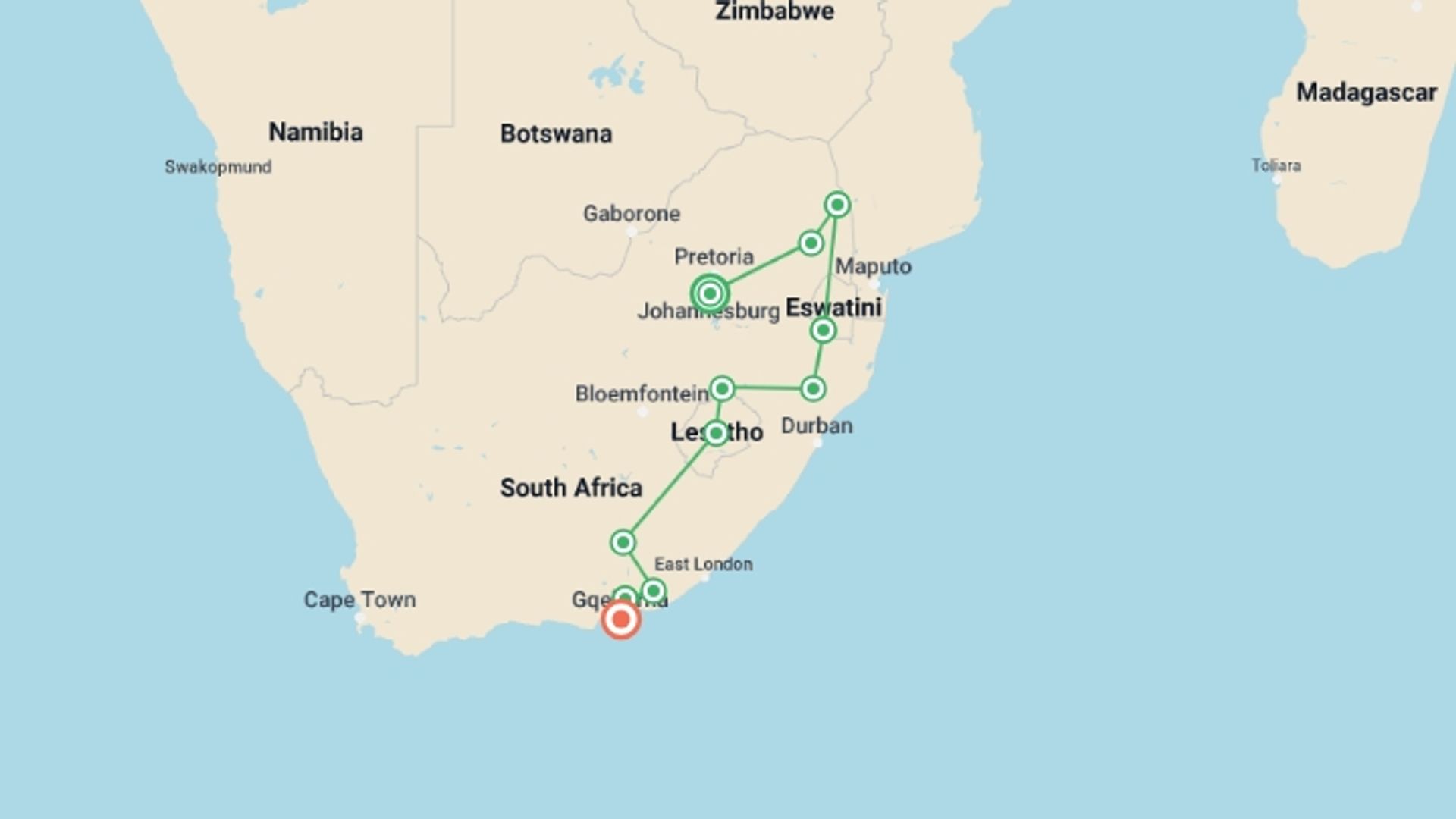 A map showing the tour itinerary for the trip: Kruger to Addo, eSwatini & Lesotho', starting in Johannesburg, South Africa and ending in Port Elizabeth, South Africa going through 10 other destinations.