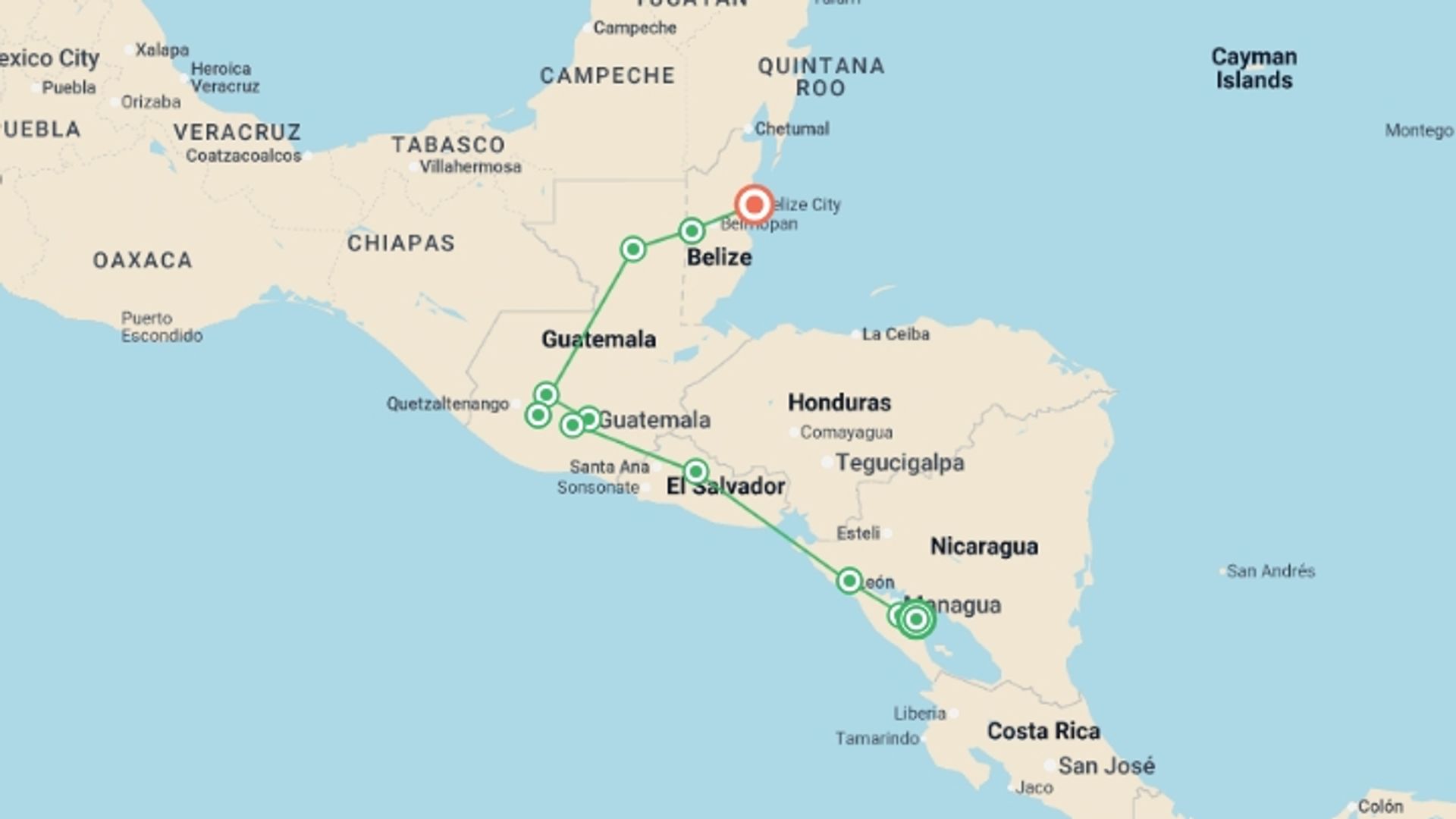 A map showing the tour itinerary for the trip: Central America Uncovered - 19 days, starting in Granada, Costa Rica and ending in Belize City, Belize going through 8 other destinations.