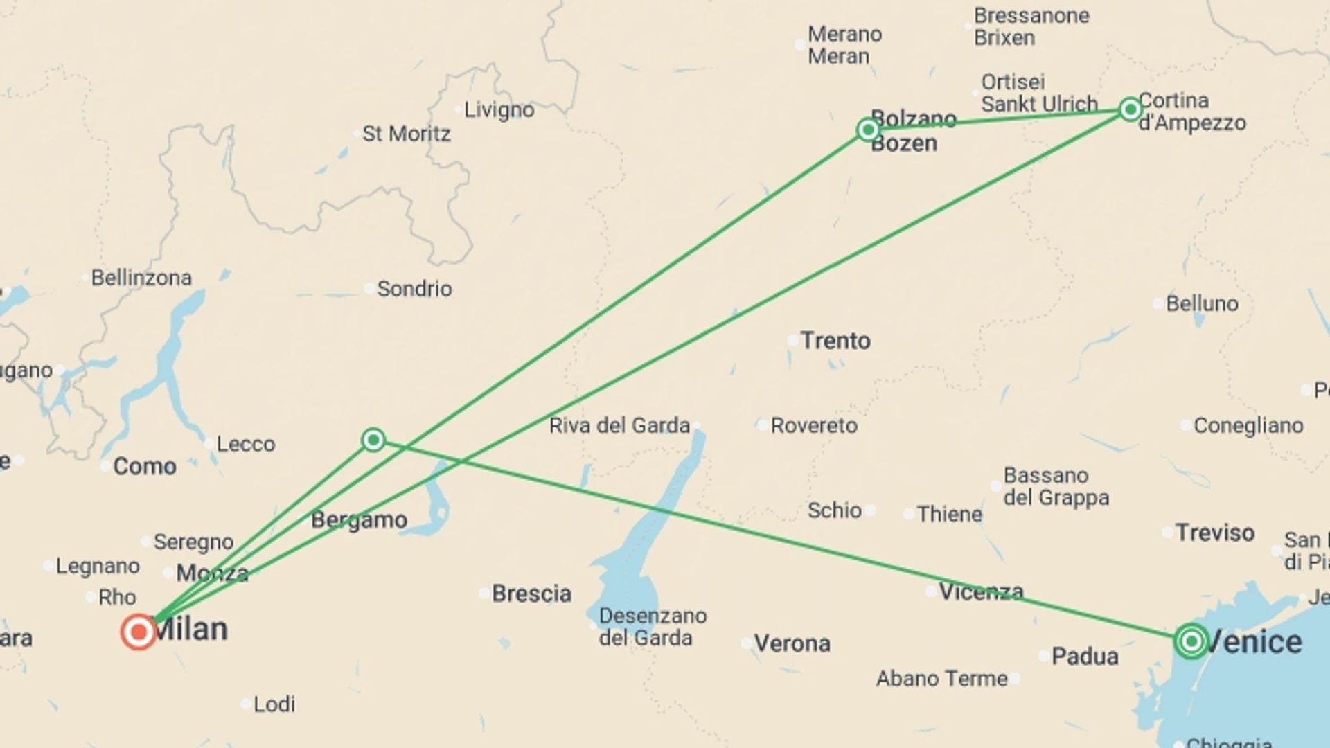 A map showing the tour itinerary for the trip: Venice to Milan - 13 days, starting in Venice, Italy and ending in Milan, Italy going through 3 other destinations.