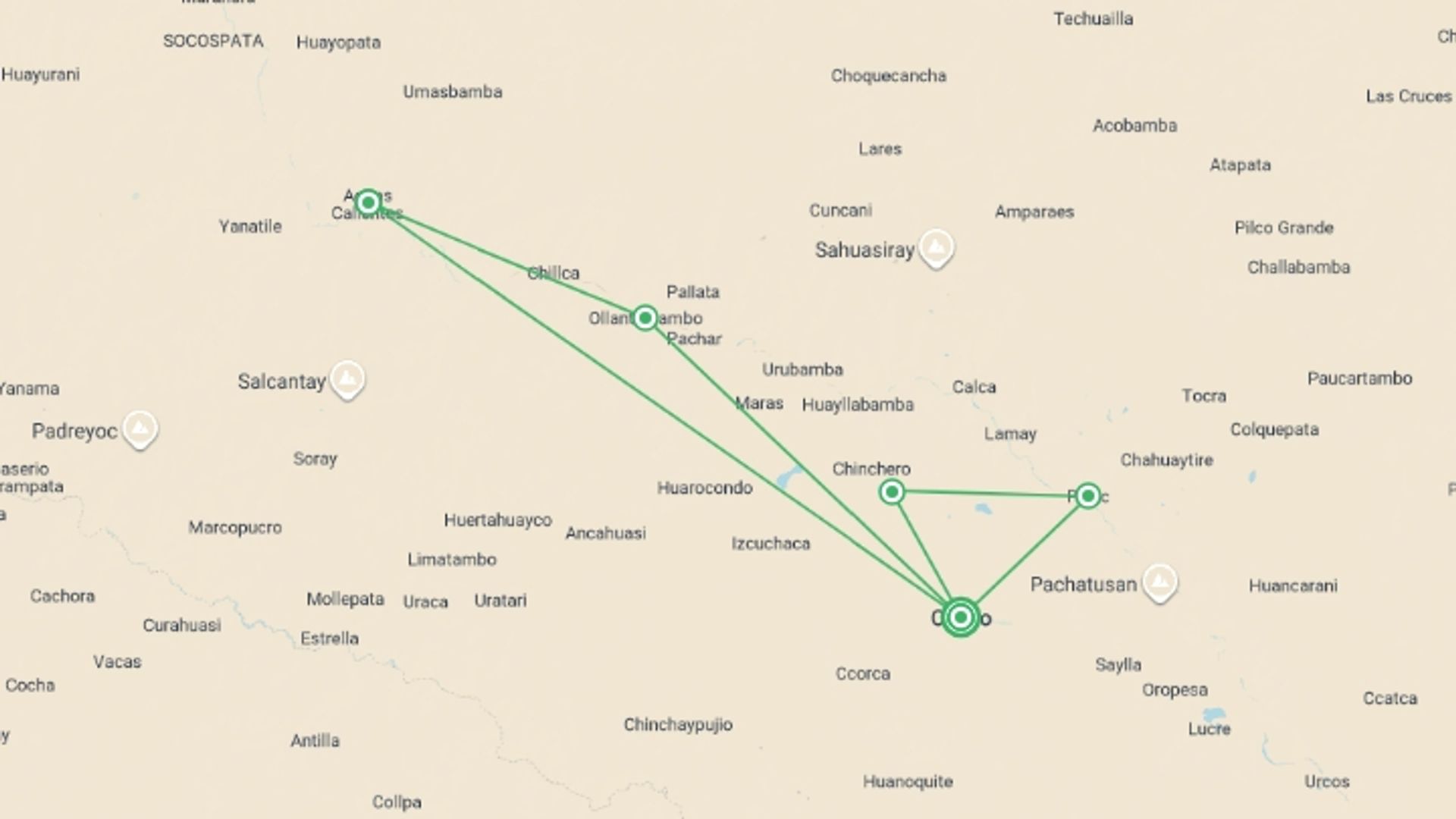A map showing the tour itinerary for the trip: Peru: Hike, Bike, Raft & SUP, starting in Cusco, Peru and ending in Cusco, Peru going through 4 other destinations.
