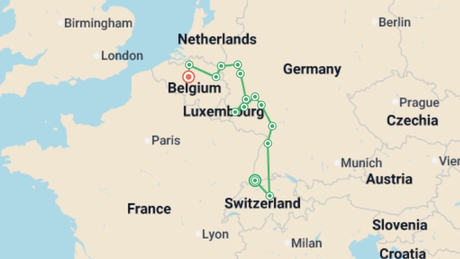 A map showing the tour itinerary for the trip: Rhine, Moselle & Belgium Grand Discovery (2027), starting in Basel, Switzerland and ending in Brussels, Belgium going through 13 other destinations.