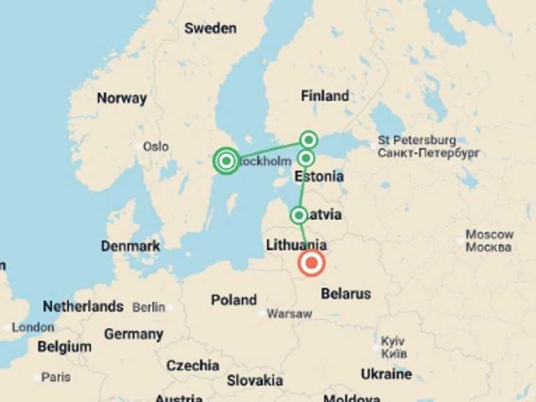 Map itinerary of Europe Tour in July 2026 with 5 destination visits for the trip: Stockholm to Vilnius - 9 days