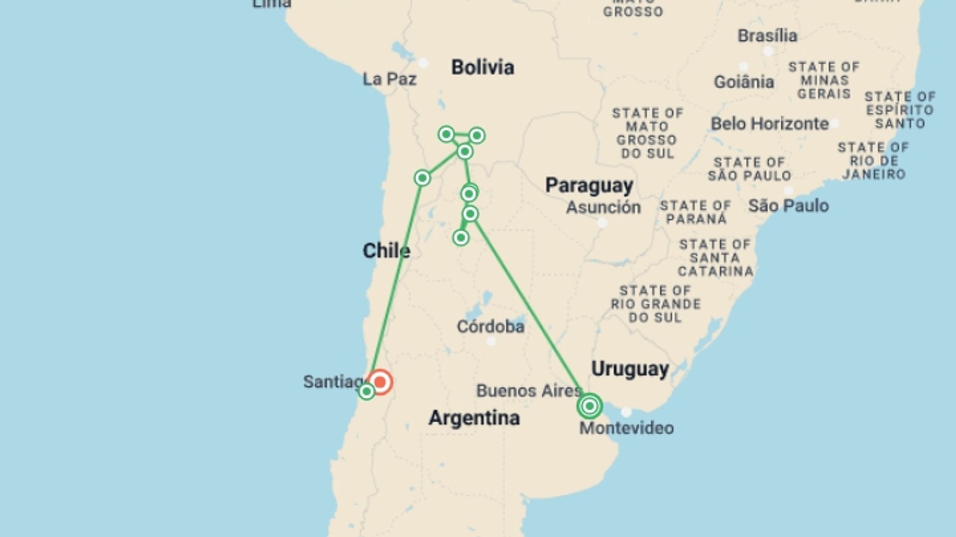A map showing the tour itinerary for the trip: Best of Argentina, Bolivia and Chile, starting in Buenos Aires, Argentina and ending in Santiago, Chile going through 9 other destinations.